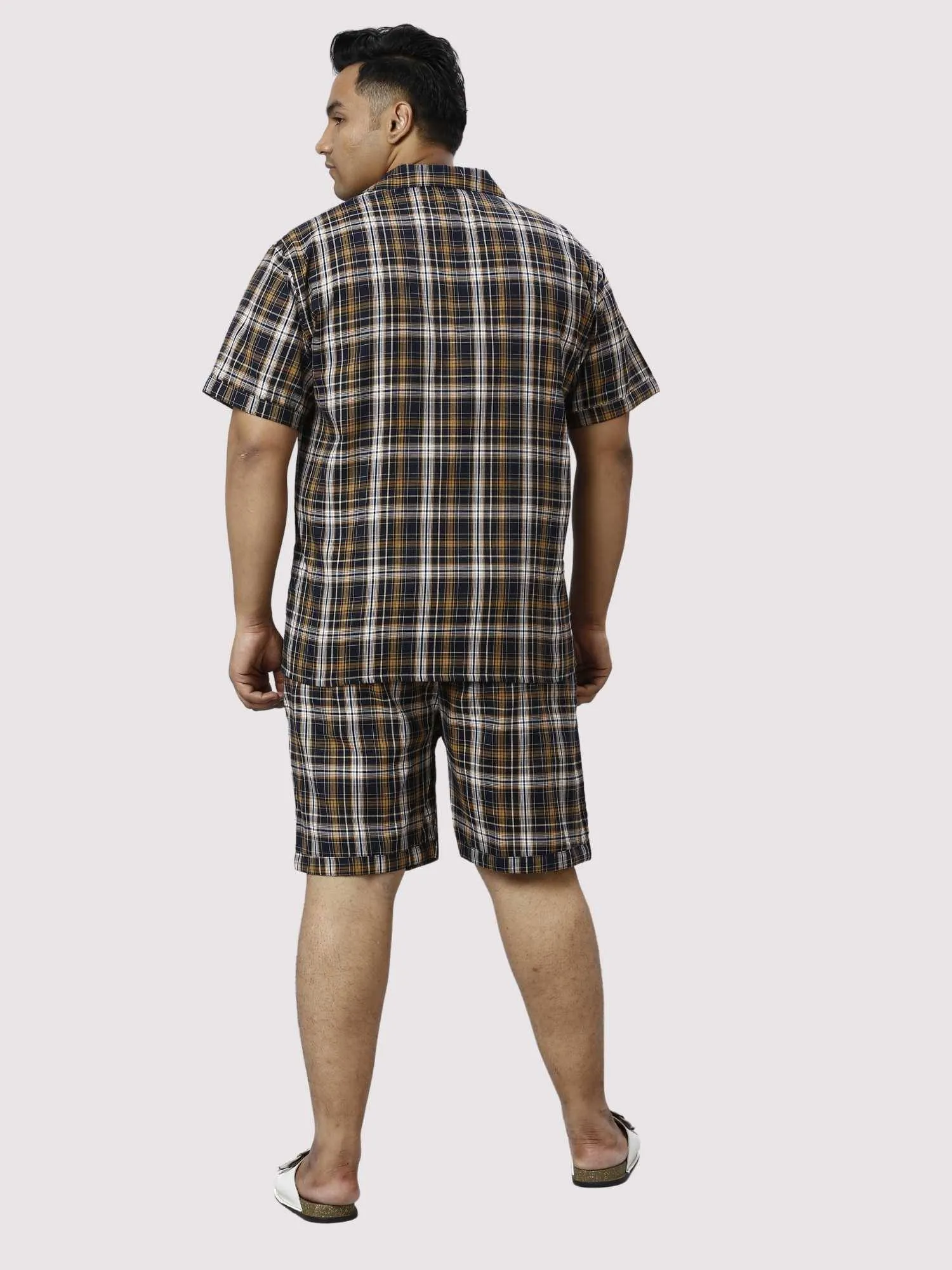 Brown Derby Checks Printed Half Co-ords Set Men's Plus Size