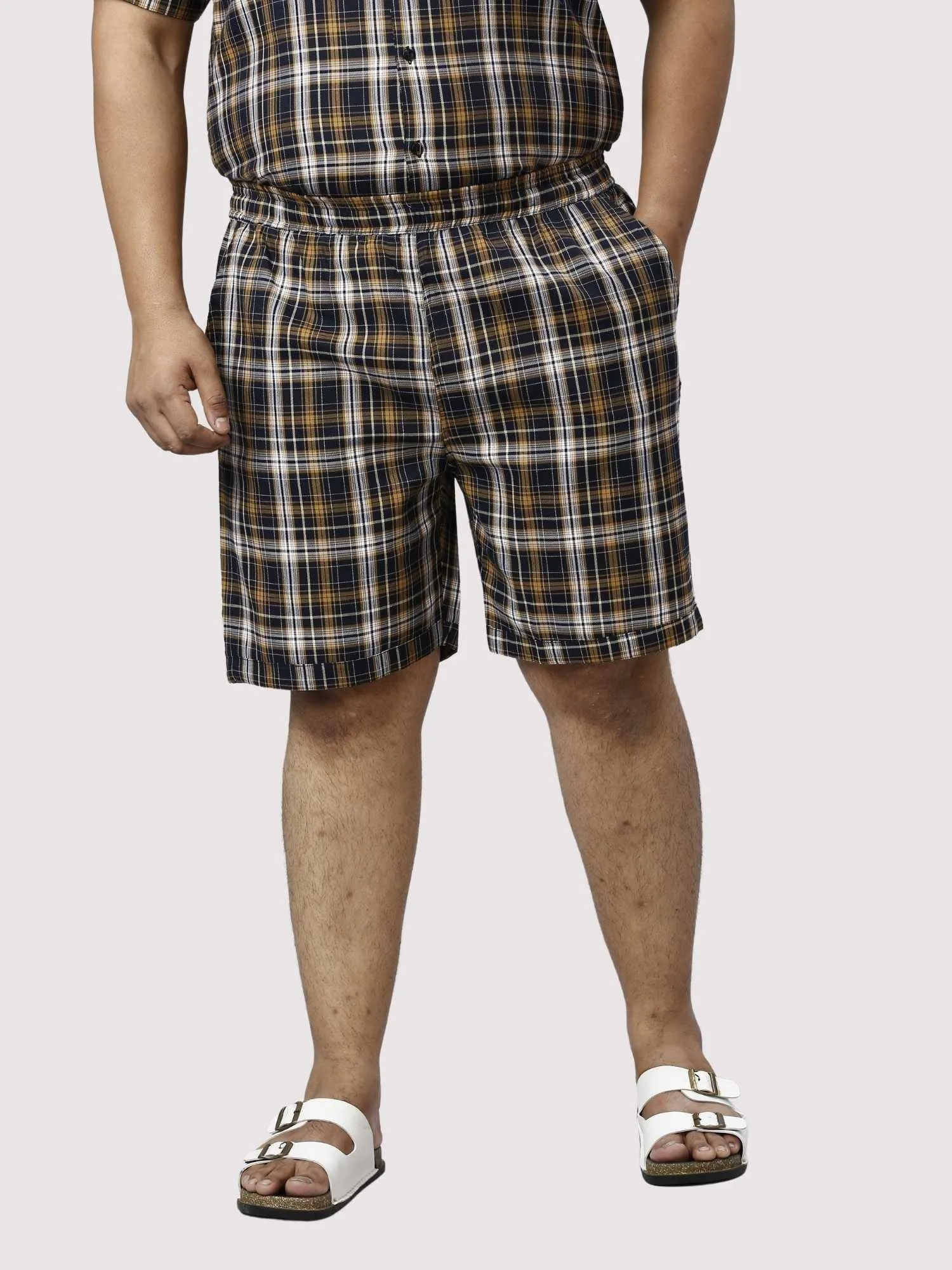 Brown Derby Checks Printed Half Co-ords Set Men's Plus Size