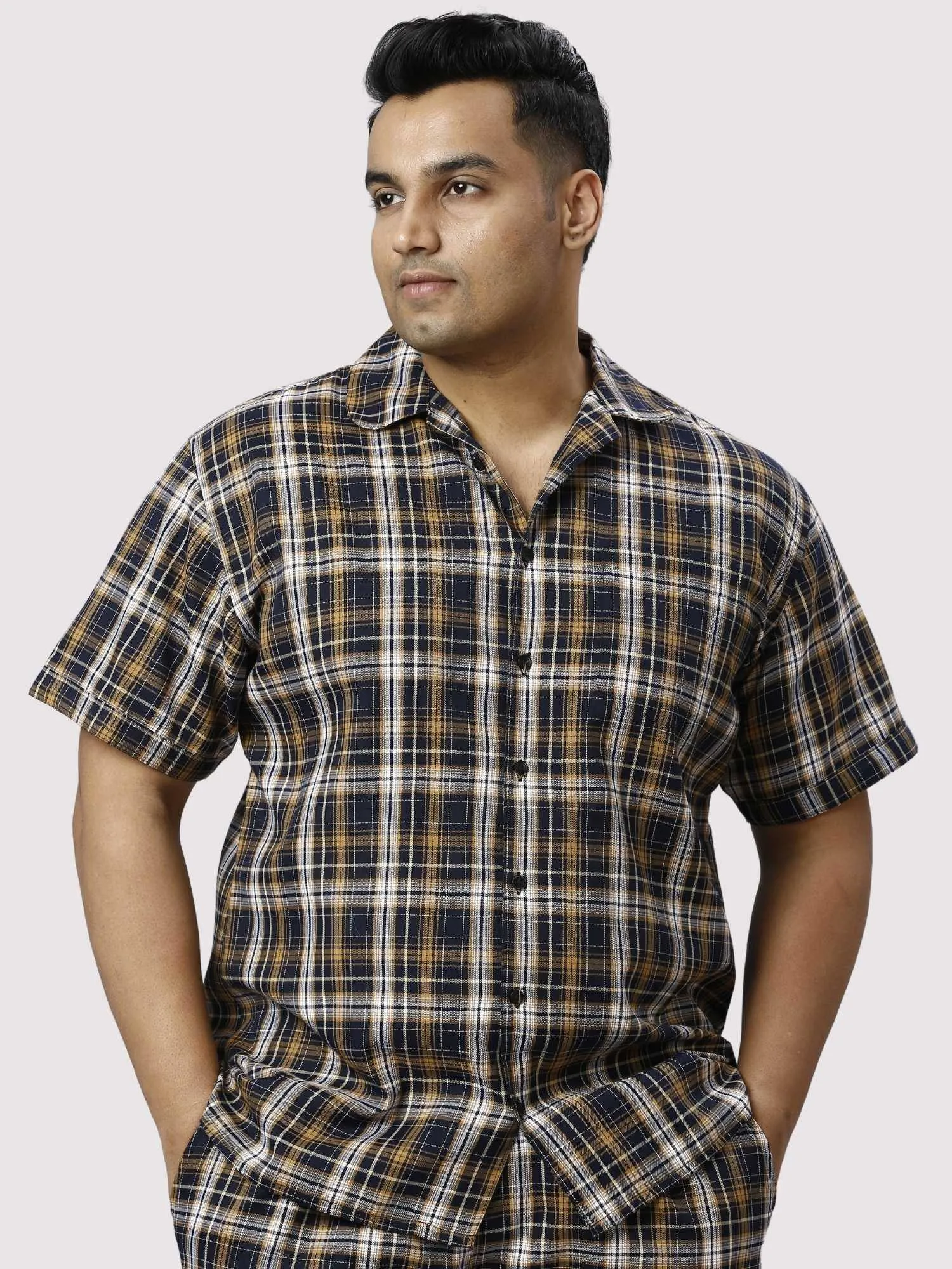 Brown Derby Checks Printed Half Co-ords Set Men's Plus Size