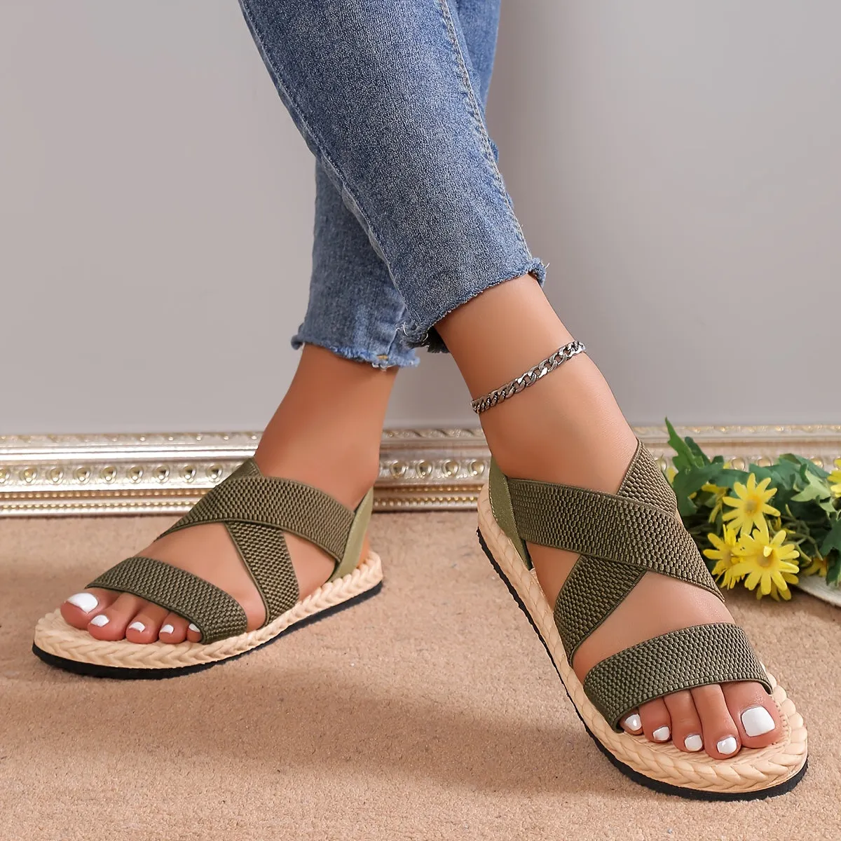 Elegant Women's Flat Sandals – Comfy Slip-On Design, Elastic Ankle Strap for All-Day Wear, Versatile Solid Color, Open-Toe