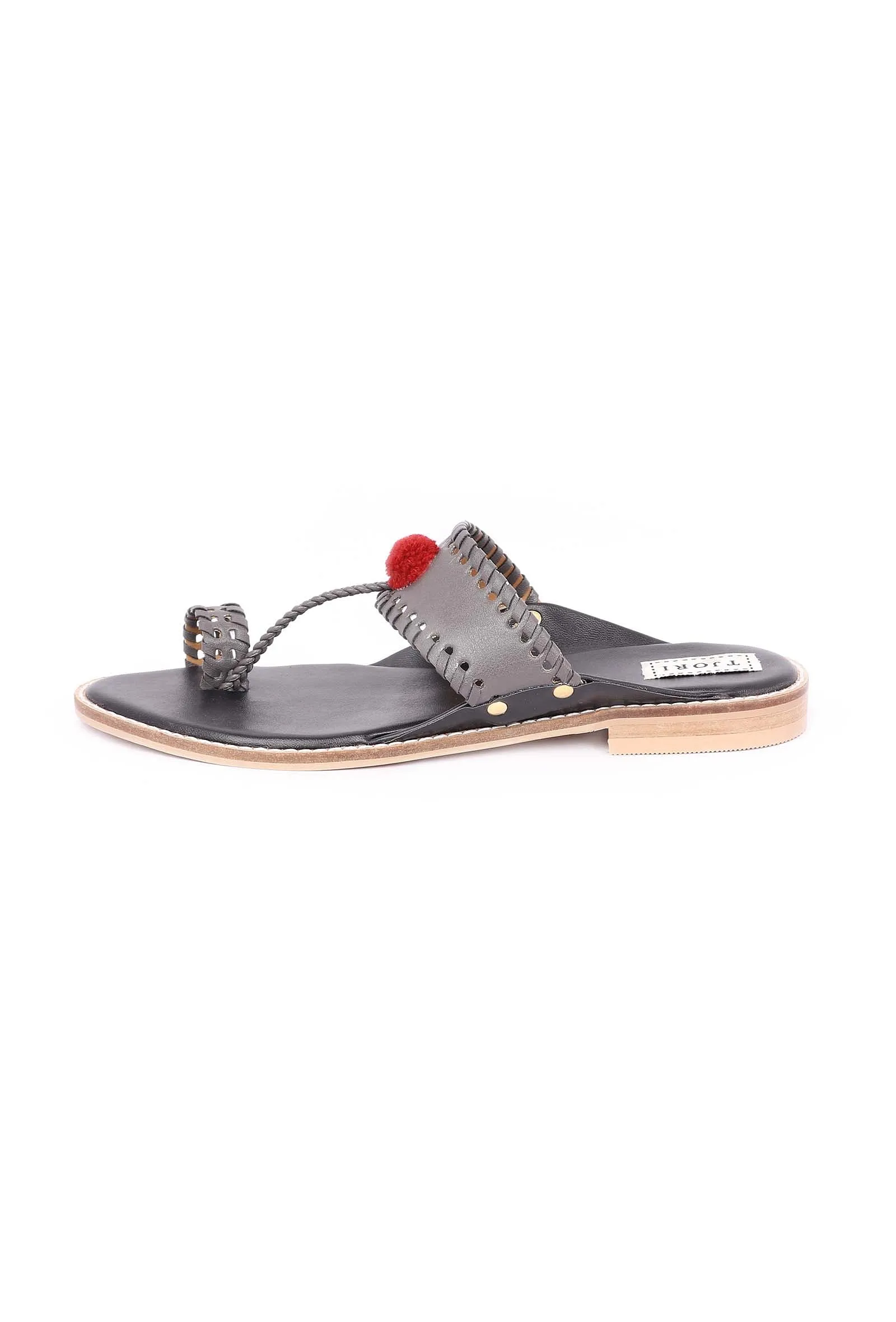 Grey Pom Pom Cruelty-Free Leather Sandal