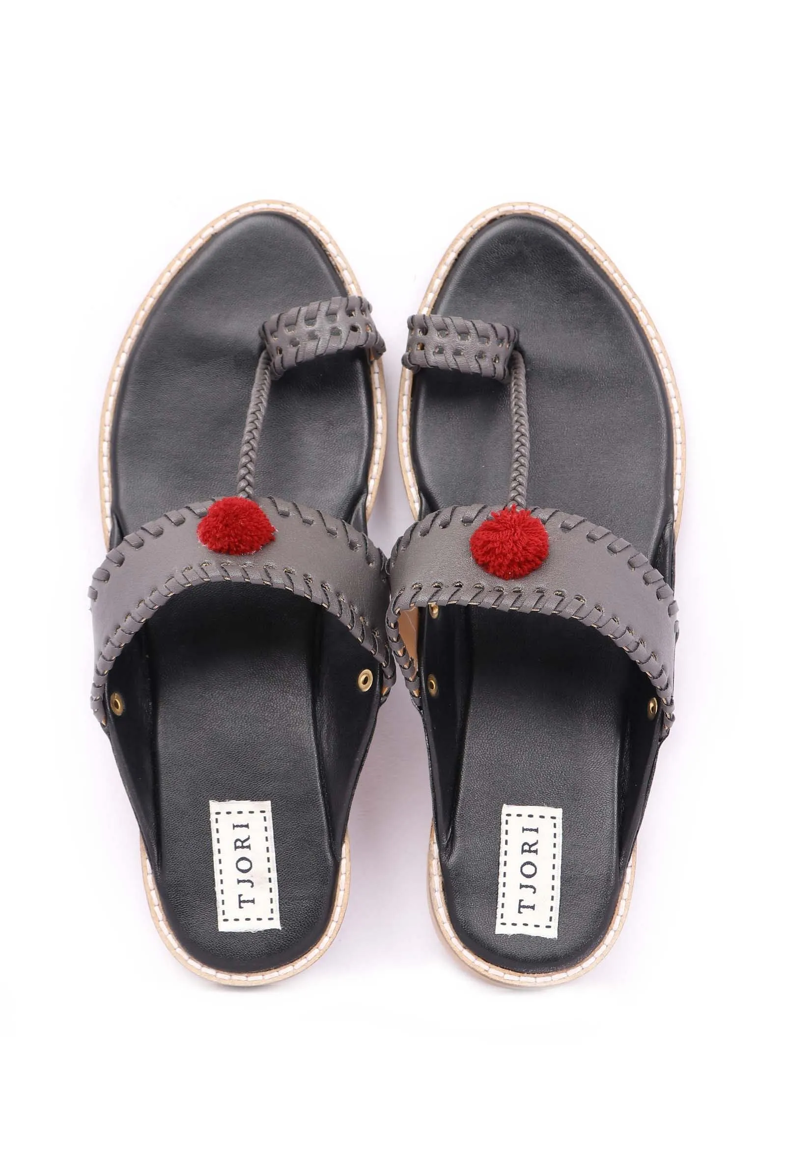 Grey Pom Pom Cruelty-Free Leather Sandal