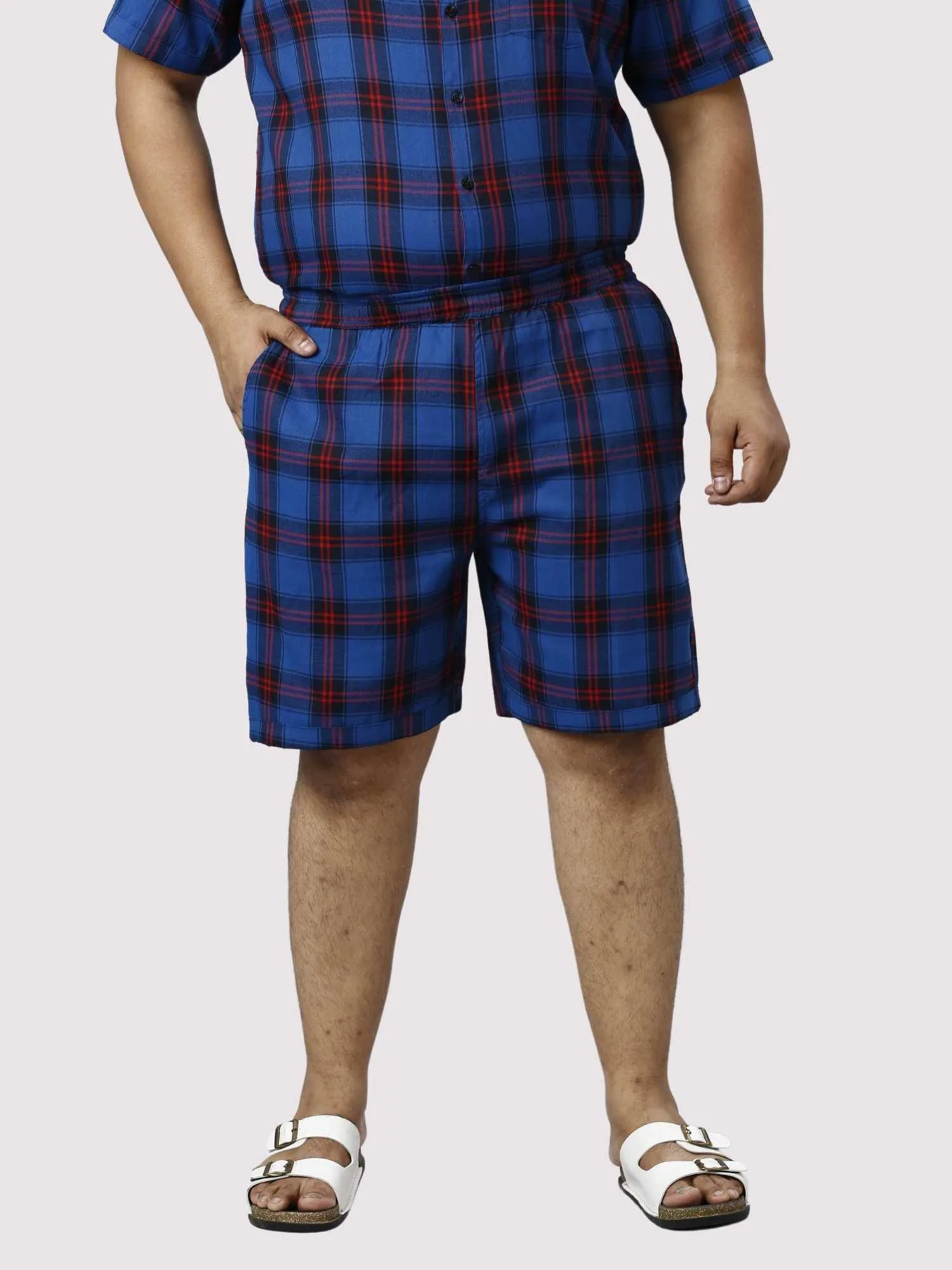 Midnight Blue Checks Printed Half Co-ords Set Men's Plus Size