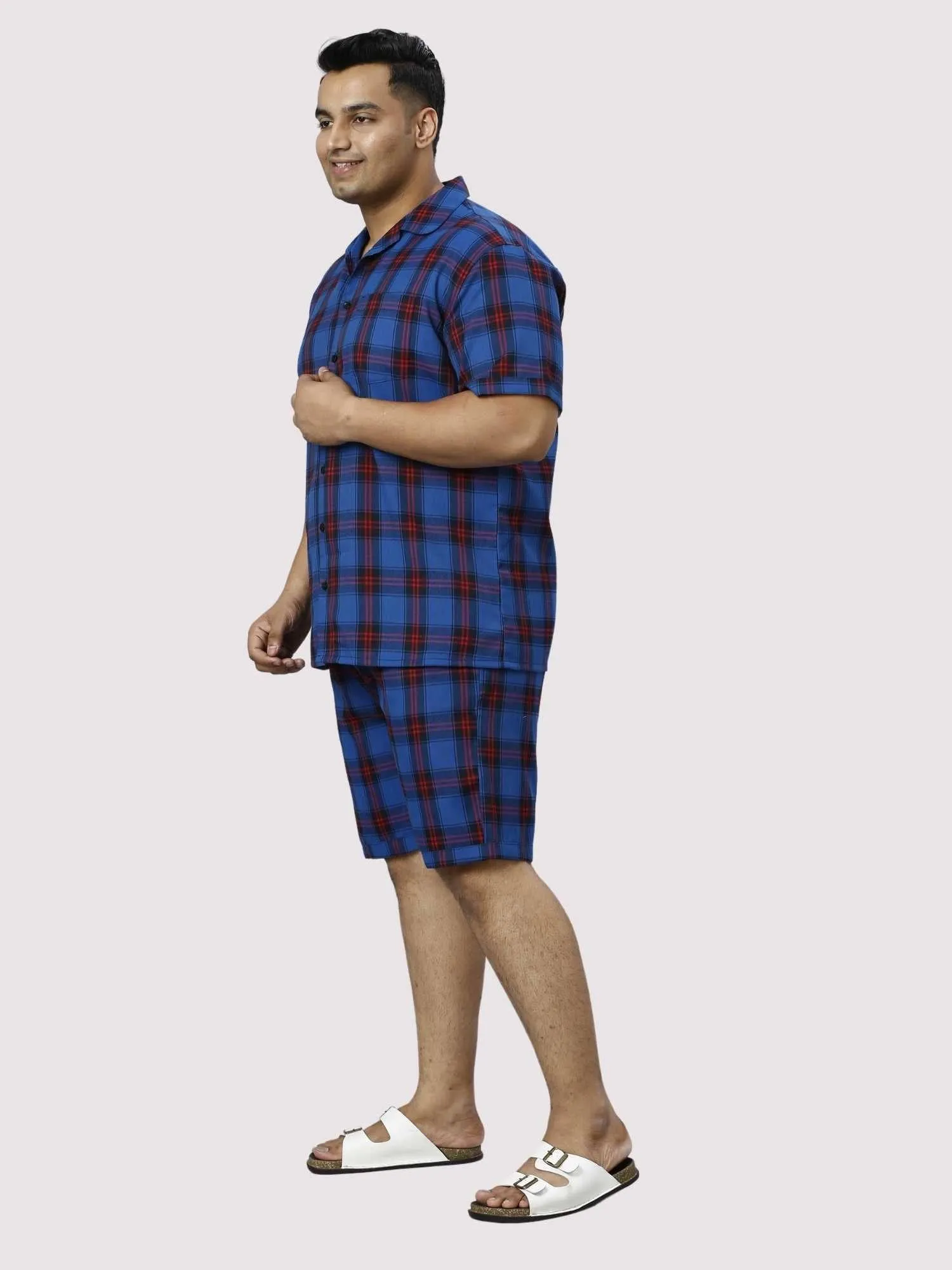 Midnight Blue Checks Printed Half Co-ords Set Men's Plus Size