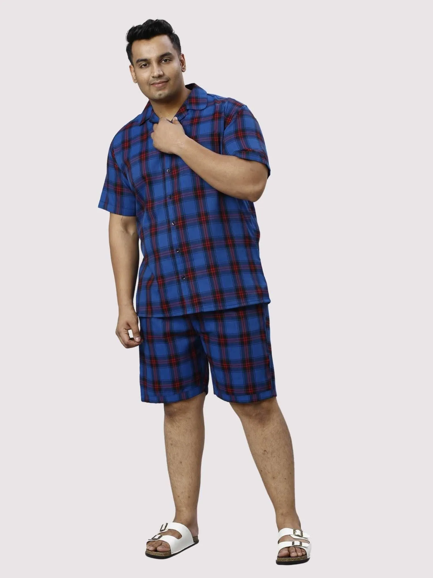 Midnight Blue Checks Printed Half Co-ords Set Men's Plus Size