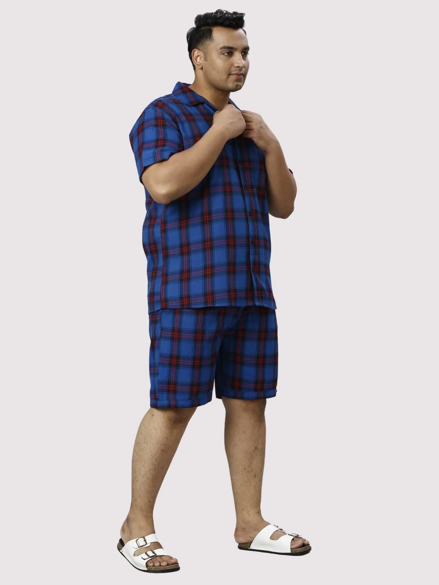 Midnight Blue Checks Printed Half Co-ords Set Men's Plus Size