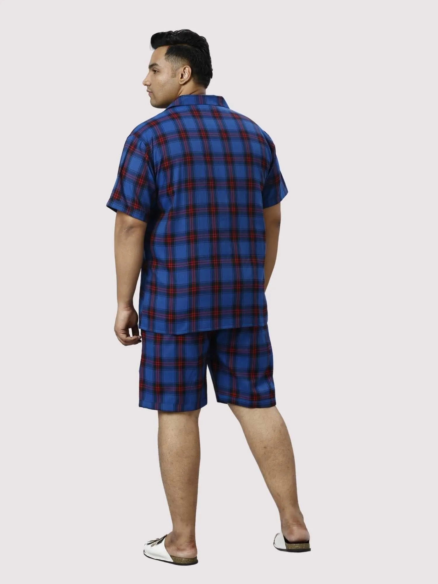 Midnight Blue Checks Printed Half Co-ords Set Men's Plus Size