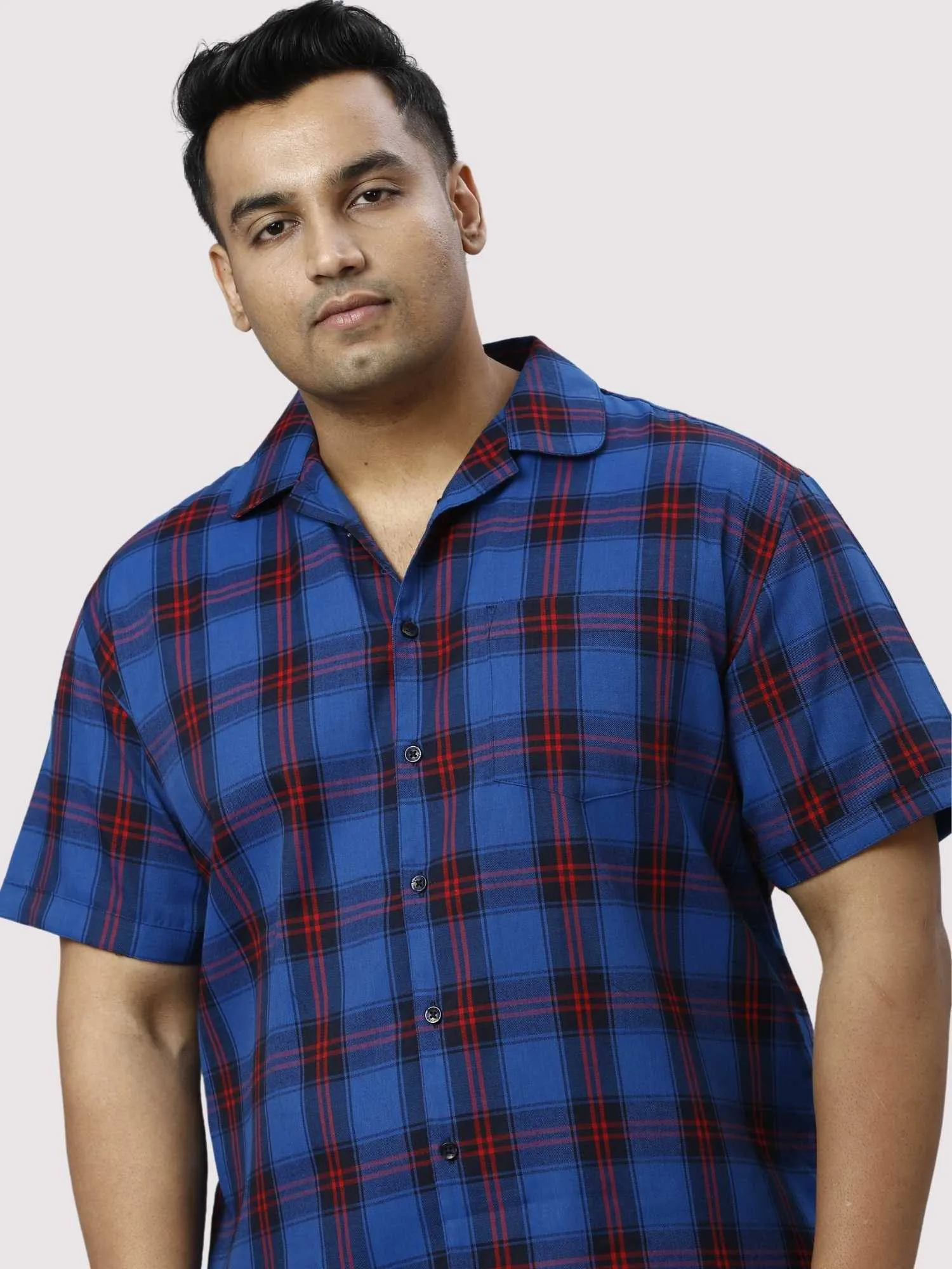 Midnight Blue Checks Printed Half Co-ords Set Men's Plus Size