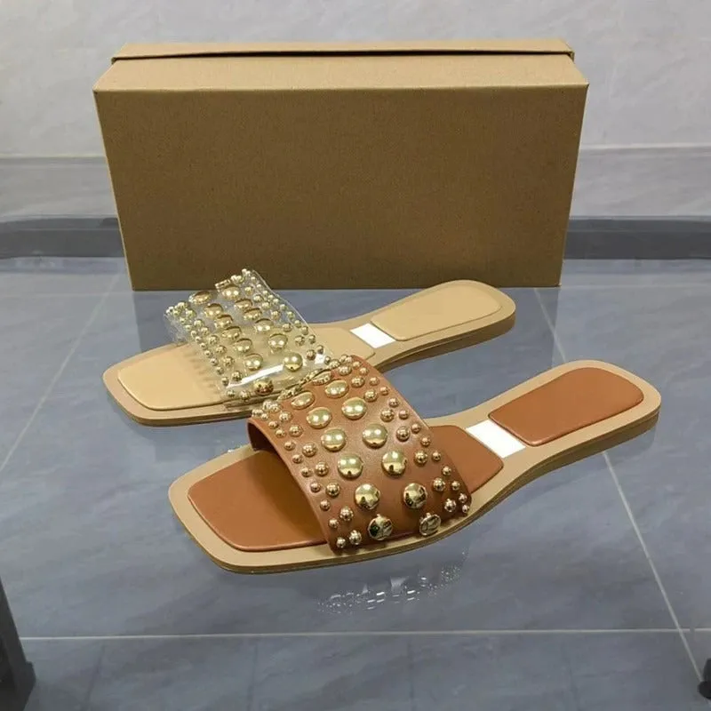 Pre Order:  Rivet Strappy Square Toe Flat Sandals