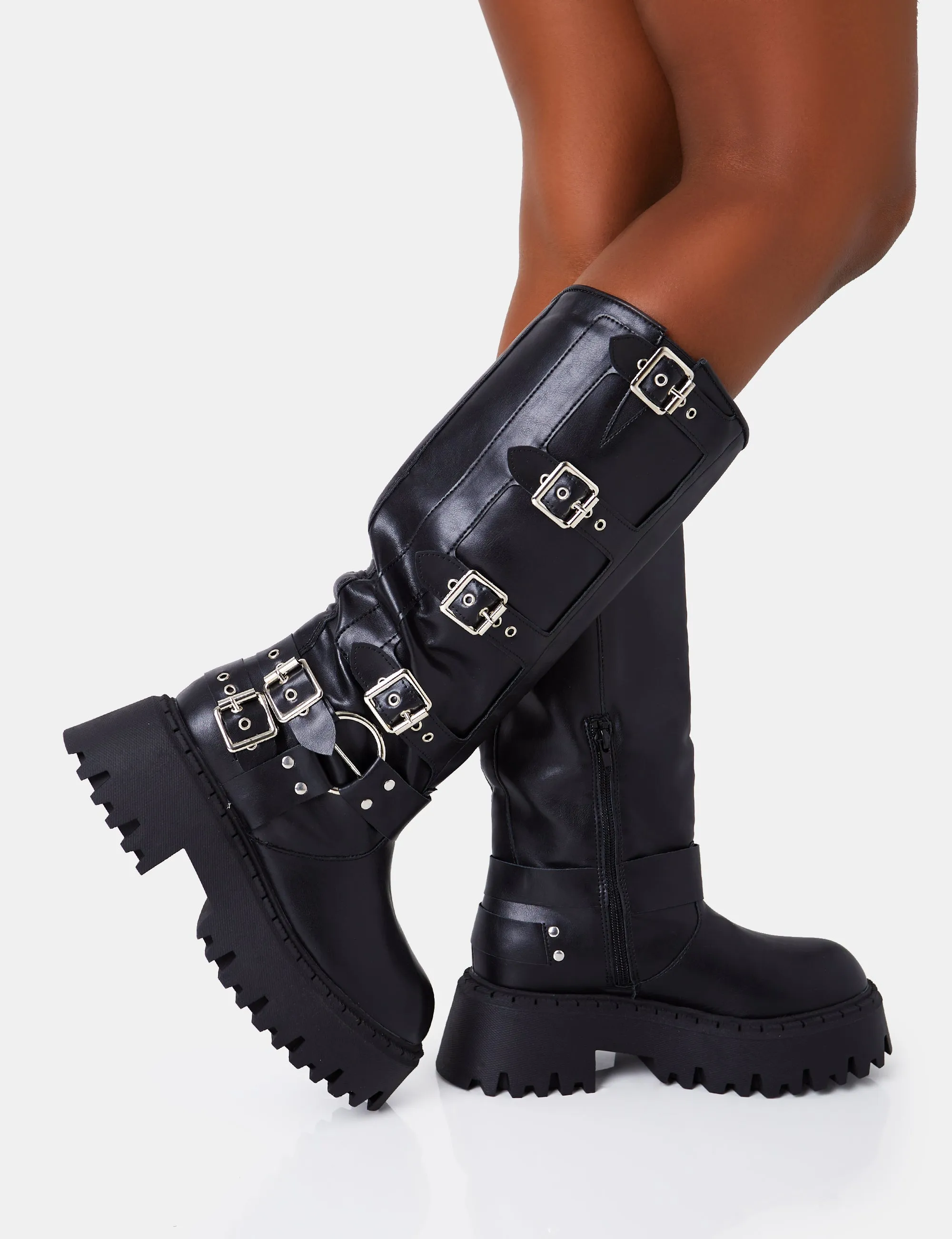 Punk Black Pu Chunky Sole Buckle Down Knee High Boot