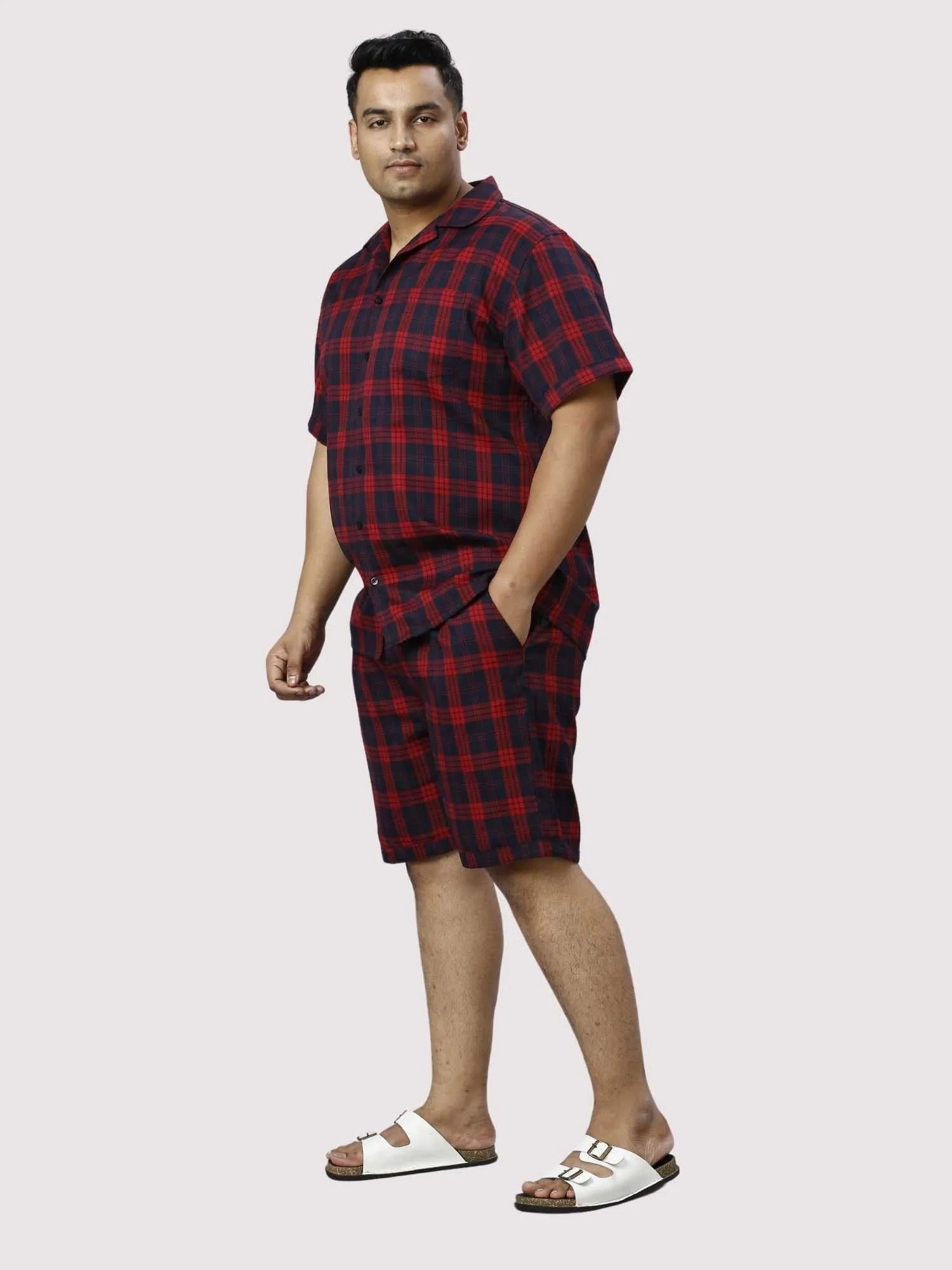 Red and Black Checks Printed Half Co-ords Set Men's Plus Size