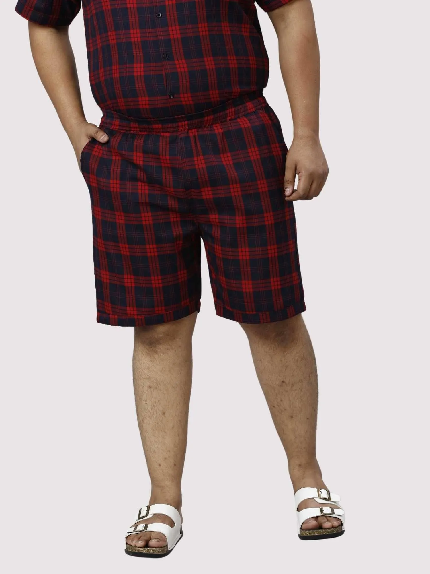 Red and Black Checks Printed Half Co-ords Set Men's Plus Size