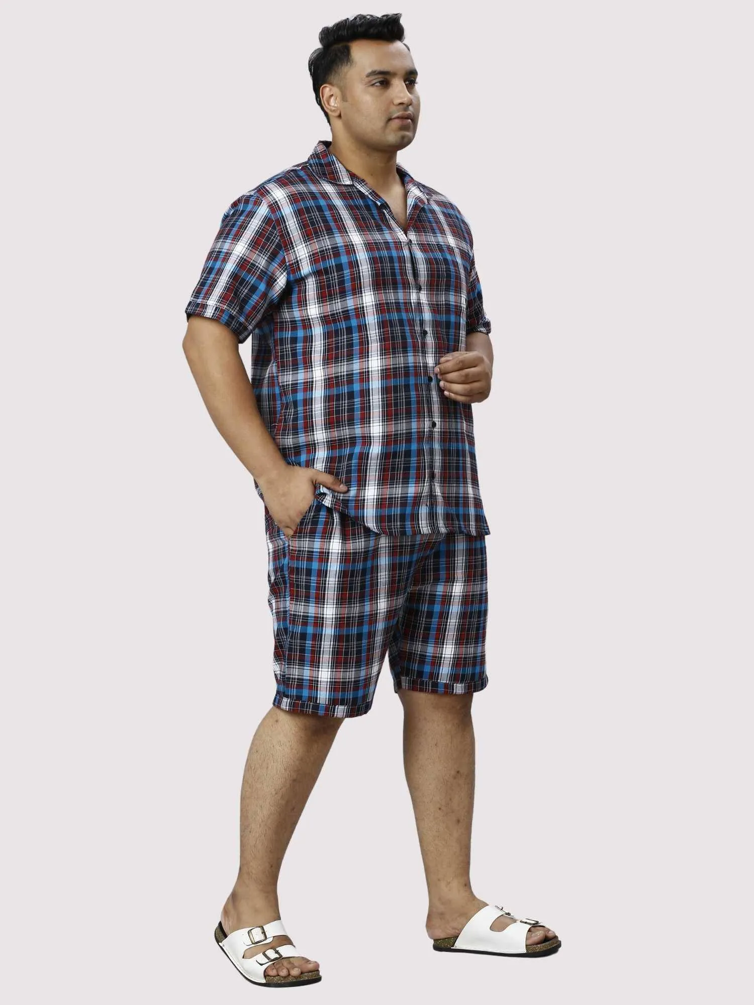 Red and Blue Checks Printed Half Co-ords Set Men's Plus Size