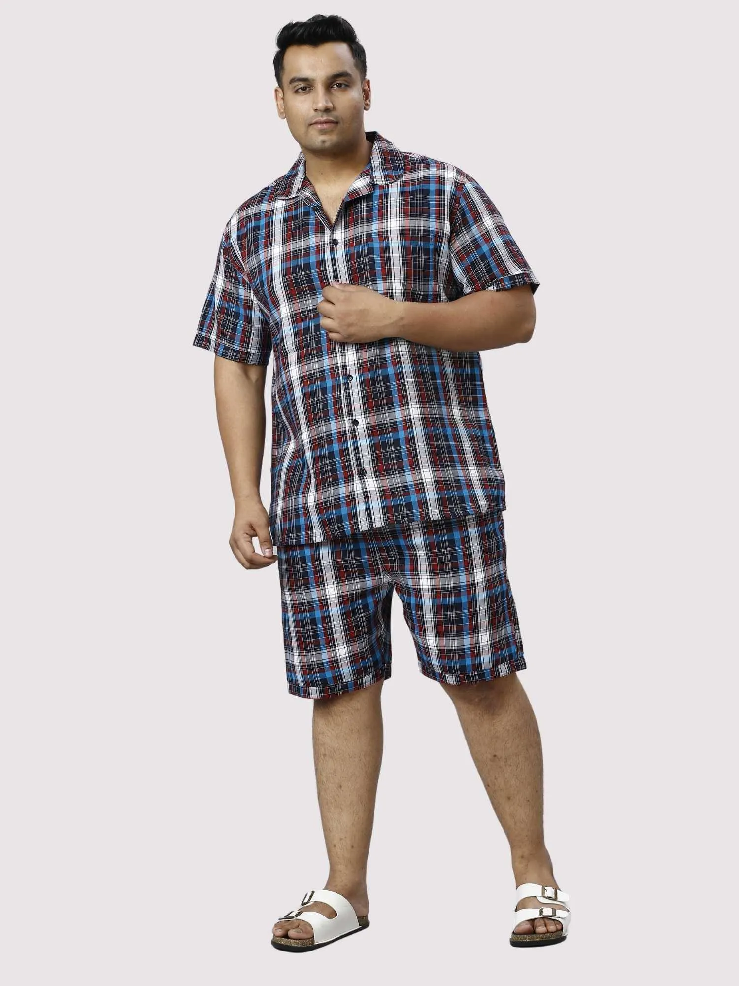 Red and Blue Checks Printed Half Co-ords Set Men's Plus Size