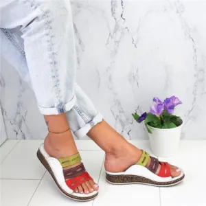 Slip-On Open Toe  Leather Platform Wedges