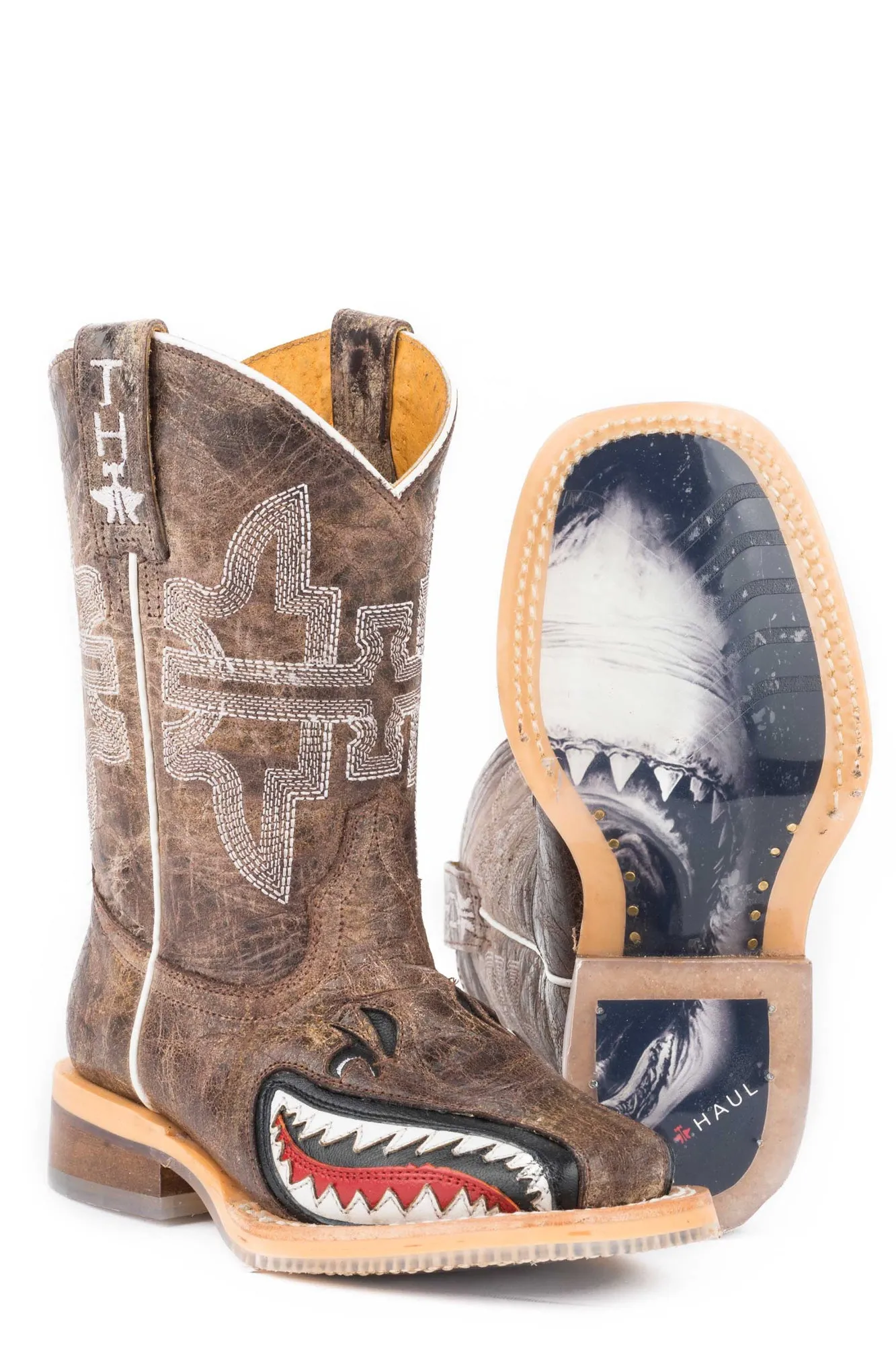 Tin Haul Kids Boys Tan Leather Sharky Man Eater Cowboy Boots