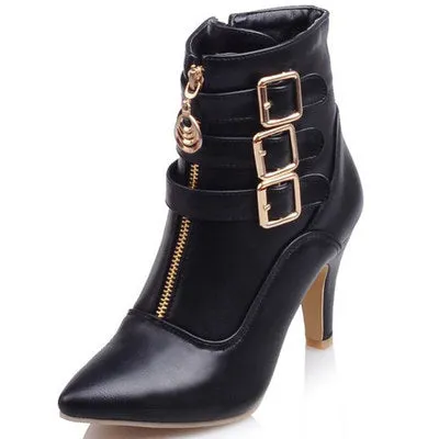 Triple Belt Zip-Up Ankle High Boots